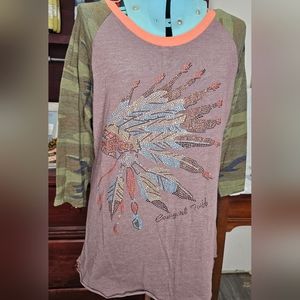 Cowgirl Tuff Raglan T-shirt size large, brown, camo, orage and rhinestone